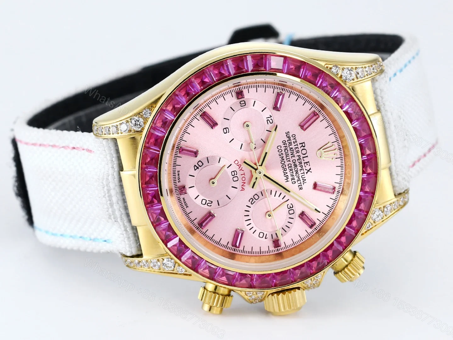 View 3 of Rolex Daytona Pink Ruby White Strap Replica 43MM Exclusive Gold Case Edition RG-ROLEX-DAYTONA-PINK-RUBY-WHITE-43