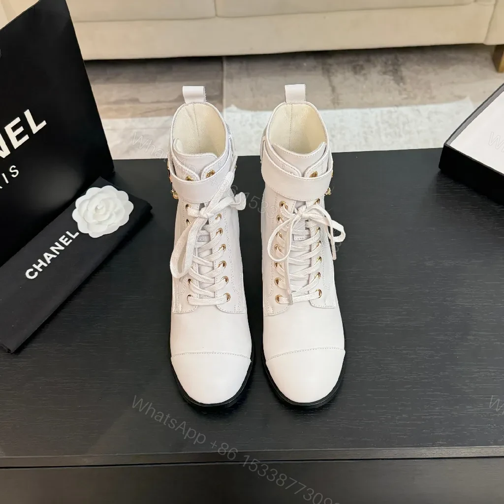 View 7 of White Leather Combat Boots with Gold Chain Detail