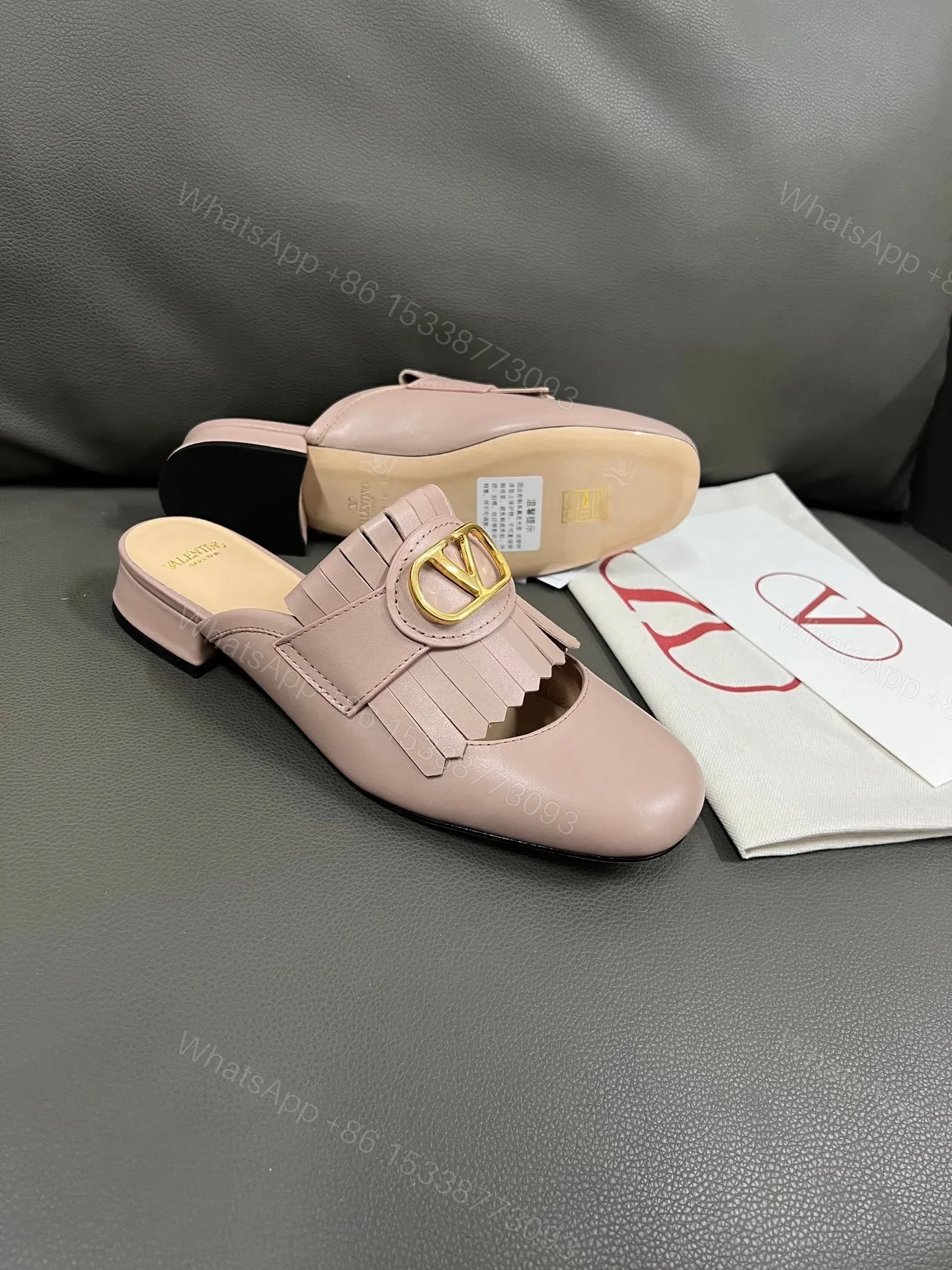 View 4 of Valentino Women Pink Leather Fringe Mules