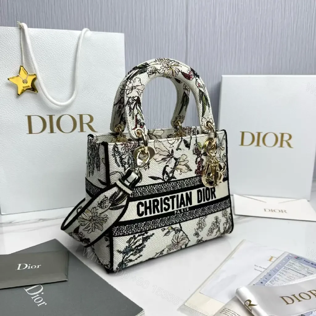 View 7 of Elegant Floral Canvas Handbag with Dior Striping