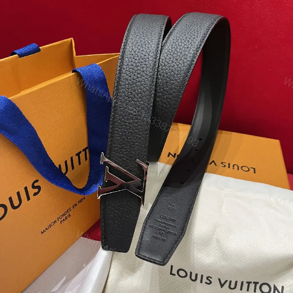 View 6 of Black Leather Belt with Silver LV Buckle - Sleek Classic Style