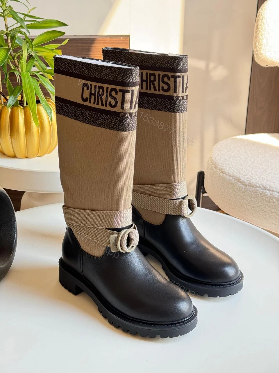 Dior Leather and Canvas D-Major Mid-Calf Bootsf — view 1