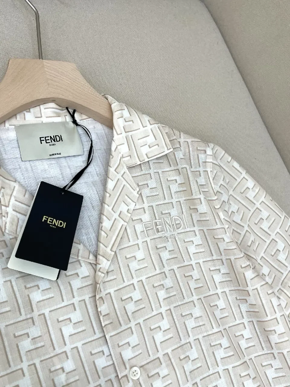 View 3 of Off-White/Cream Short-Sleeve Button-Up Shirt, Embossed Logo Pattern
