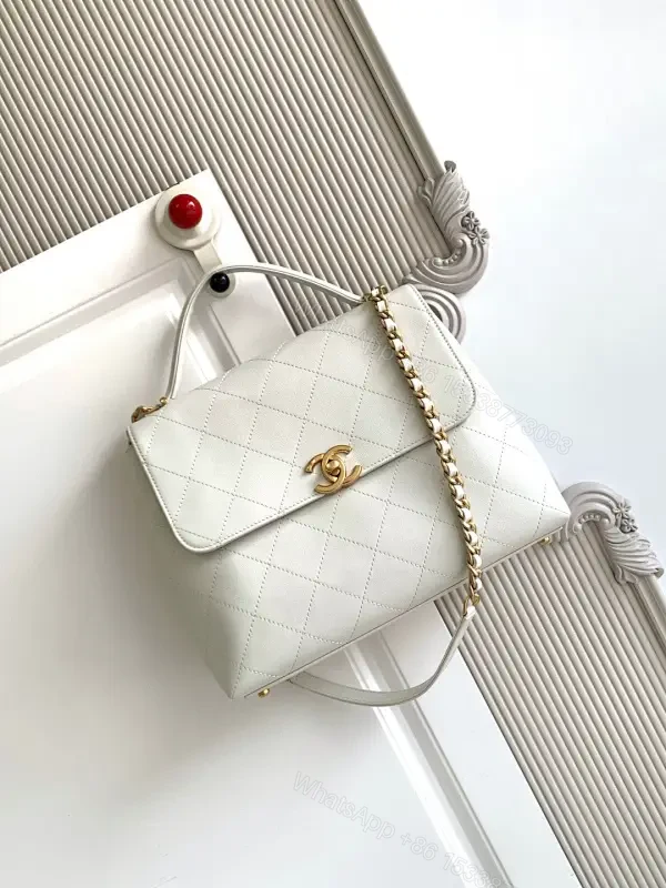 White Quilted Leather Bag with Gold Chain Accent, Convertible Shoulder/Crossbody — view 1
