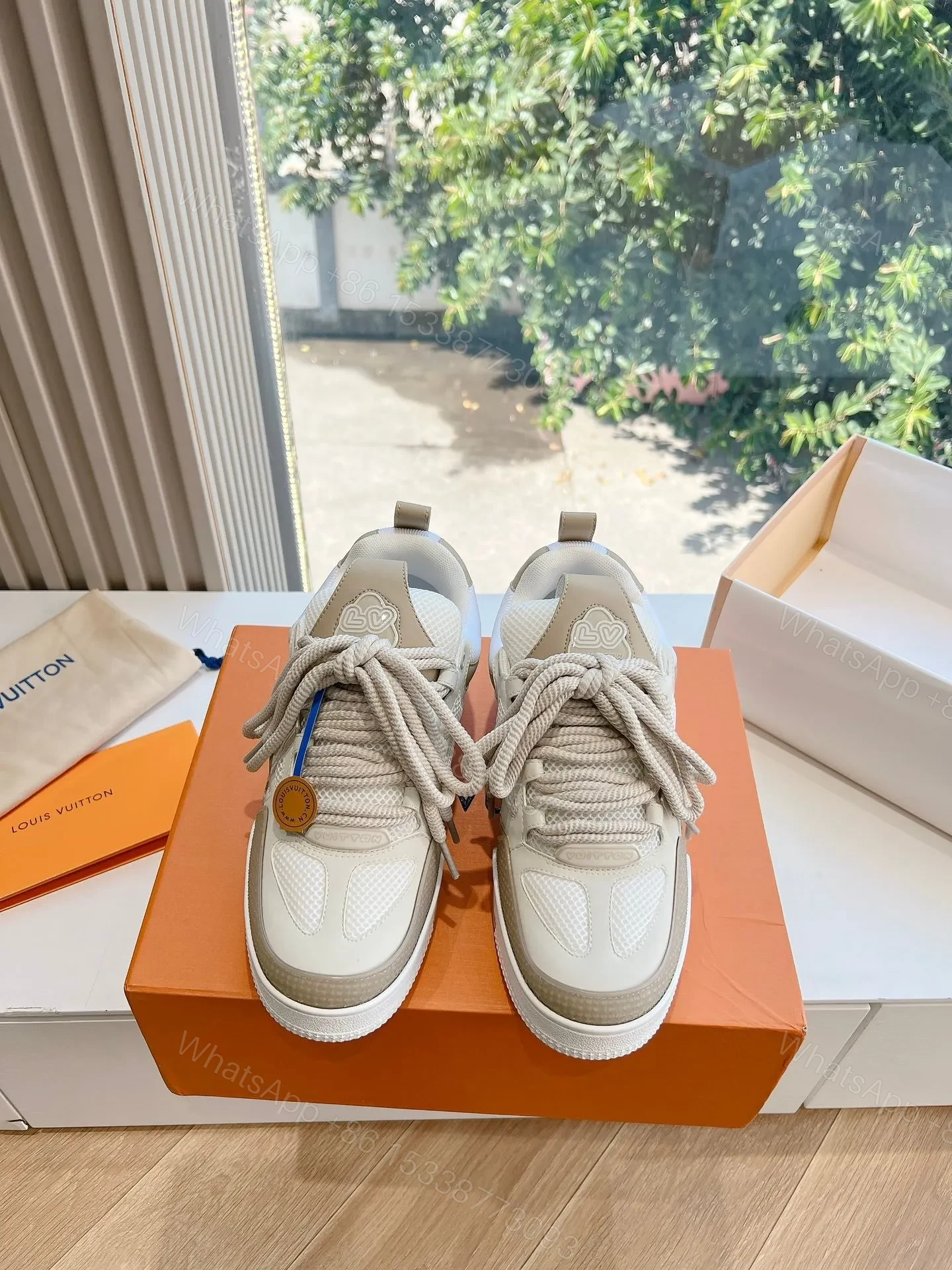 View 5 of LV Women Beige Mesh Leather Sneakers
