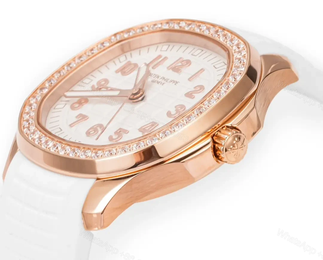 View 5 of Patek Philippe Aquanaut Luce 5268 Series Watch Rose Gold with Diamond Bezel White Rubber Strap Modern Casual Elegant Style