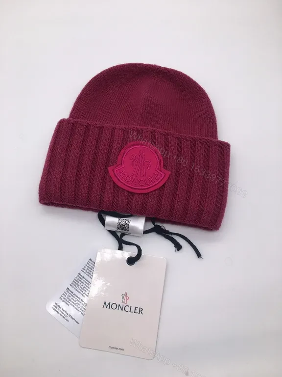 View 8 of Rich Burgundy Moncler Knit Beanie â€” Lux Warmth, Subtle Logo