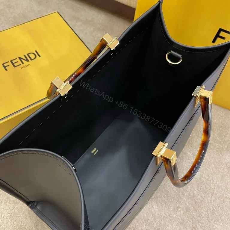 View 5 of Fendi Roma Tote: Structured Black Leather, Gold Hardware, Embossed Logo