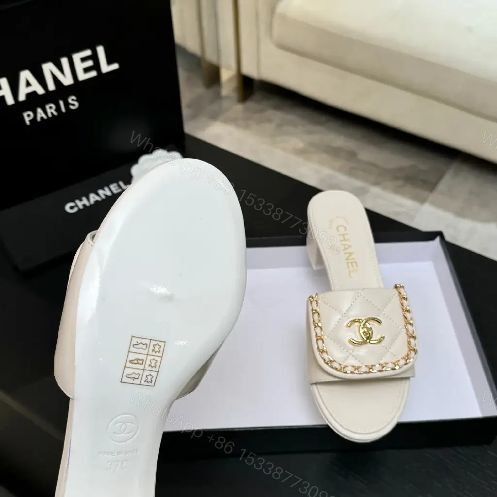 View 5 of Chic Quilted Leather Slides with Gold Logo - Light Beige