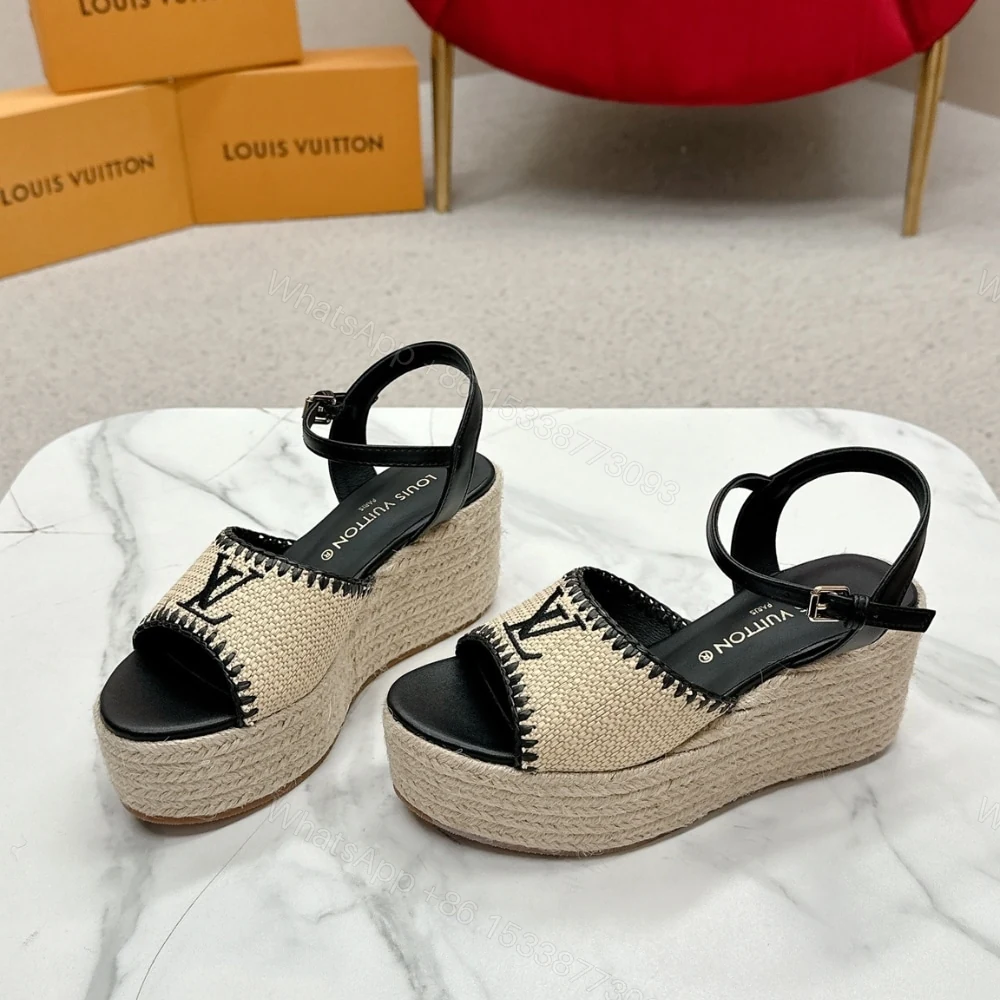View 3 of LOUIS VUITTON HELIOS WEDGE SANDAL RAFFIA BLACK