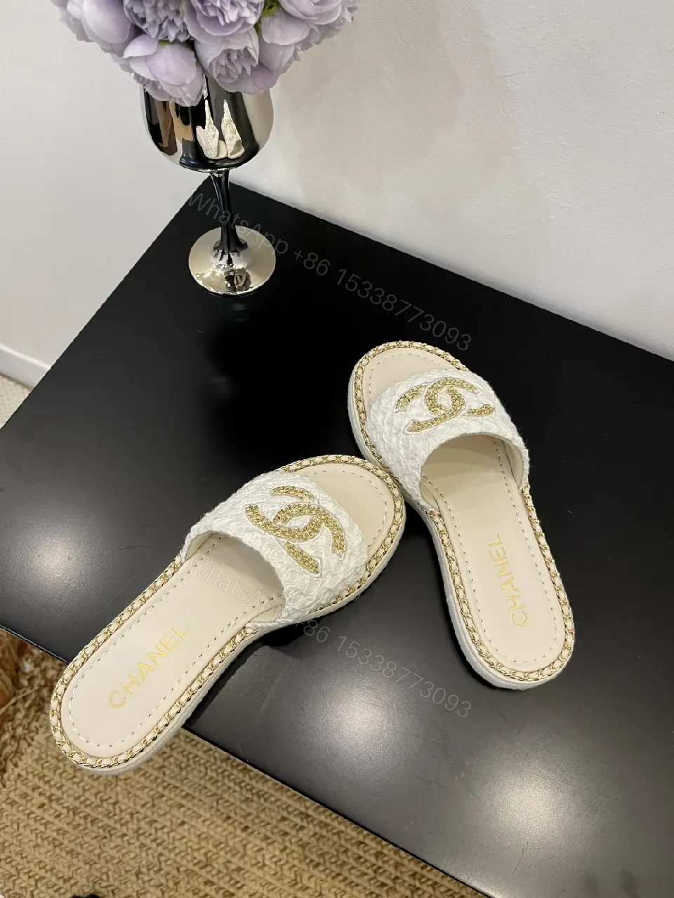 View 9 of White + Leather-like + Slip-On + Gold Chain Detail + Sandals