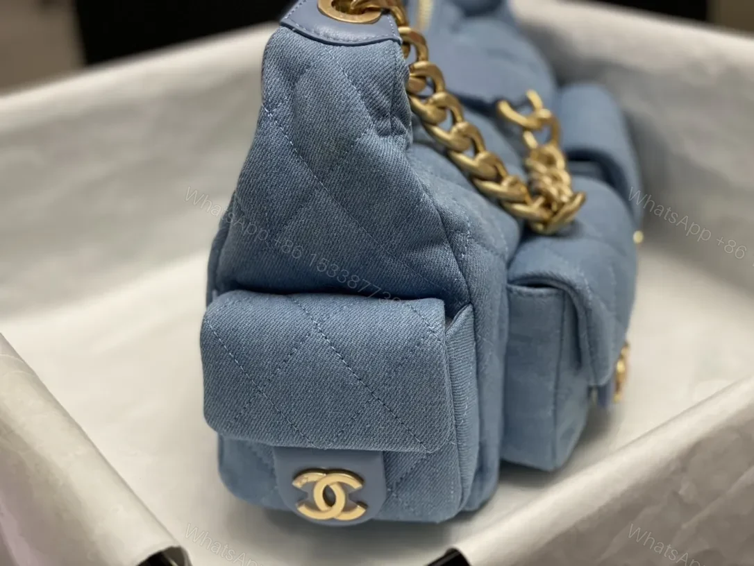 View 5 of Denim Quilted Mini Bag with Gold Chain Handle