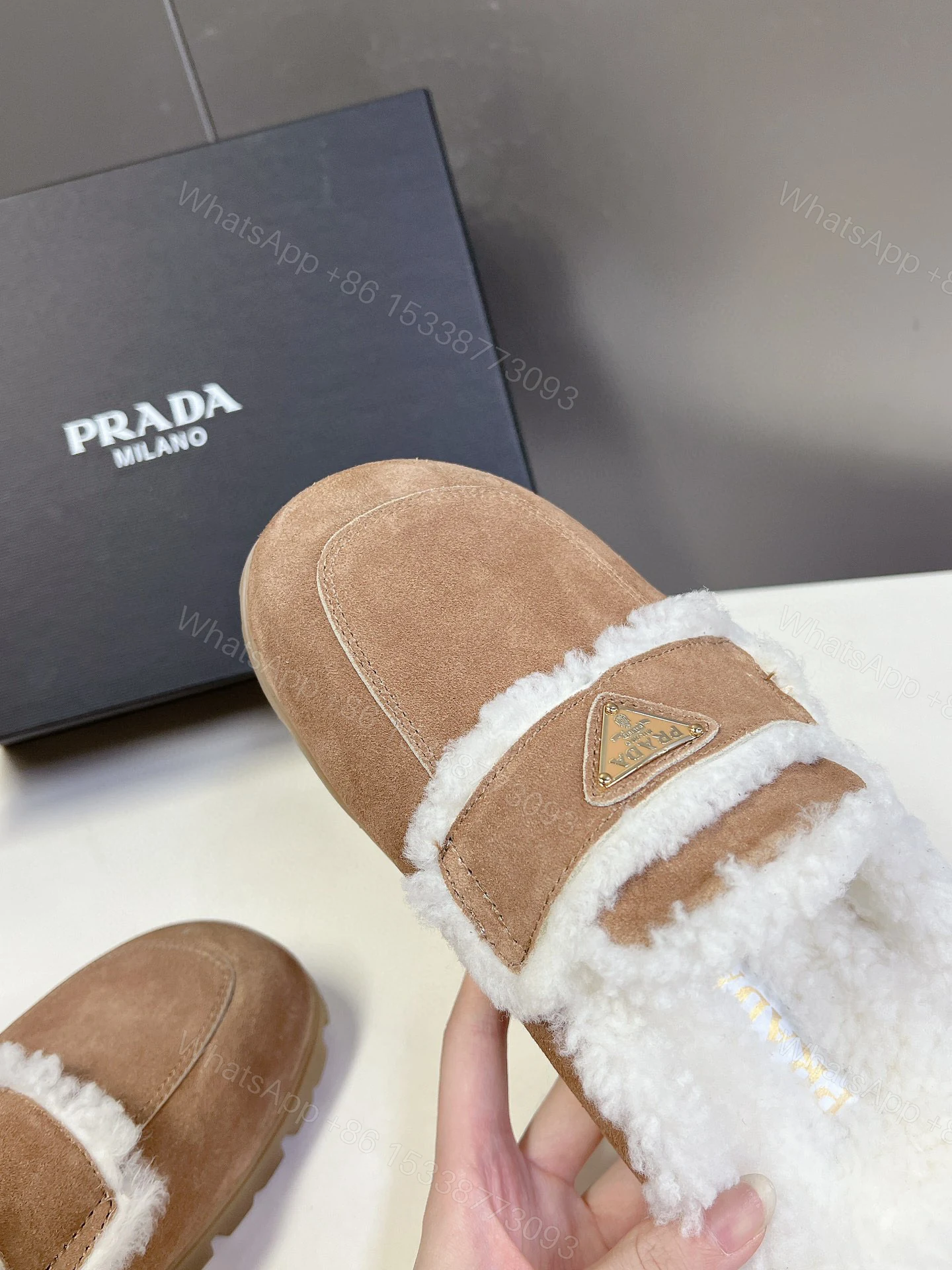 View 7 of PRADA SUEDE AND SHEARLING SLIPPERS ECRU 1S711M X0O F0379 F ZG20