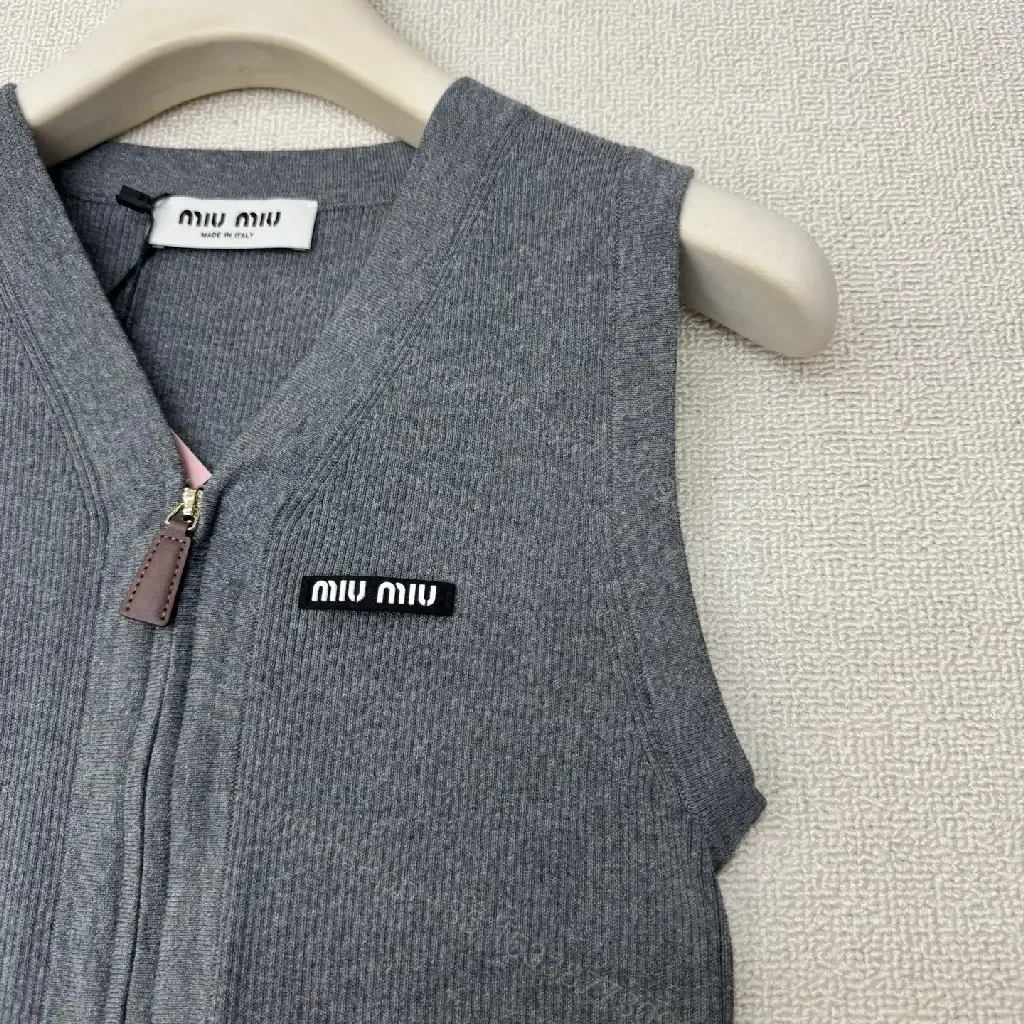View 3 of Gray Wool Vest Zipper Miu Miu Style Front Pockets Vest