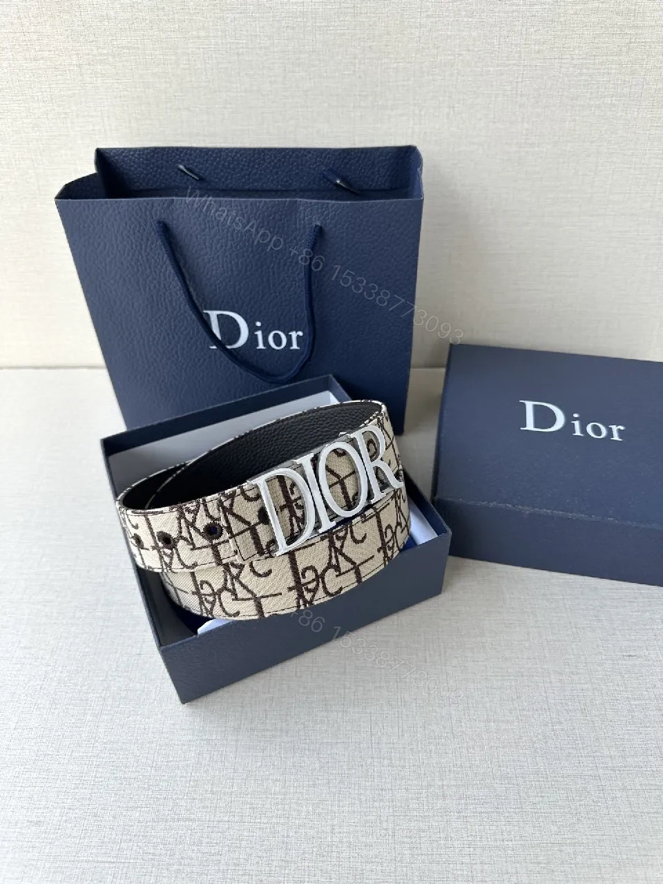 View 4 of Monogram Canvas Belt with Gold Logo Buckle, Black Interior