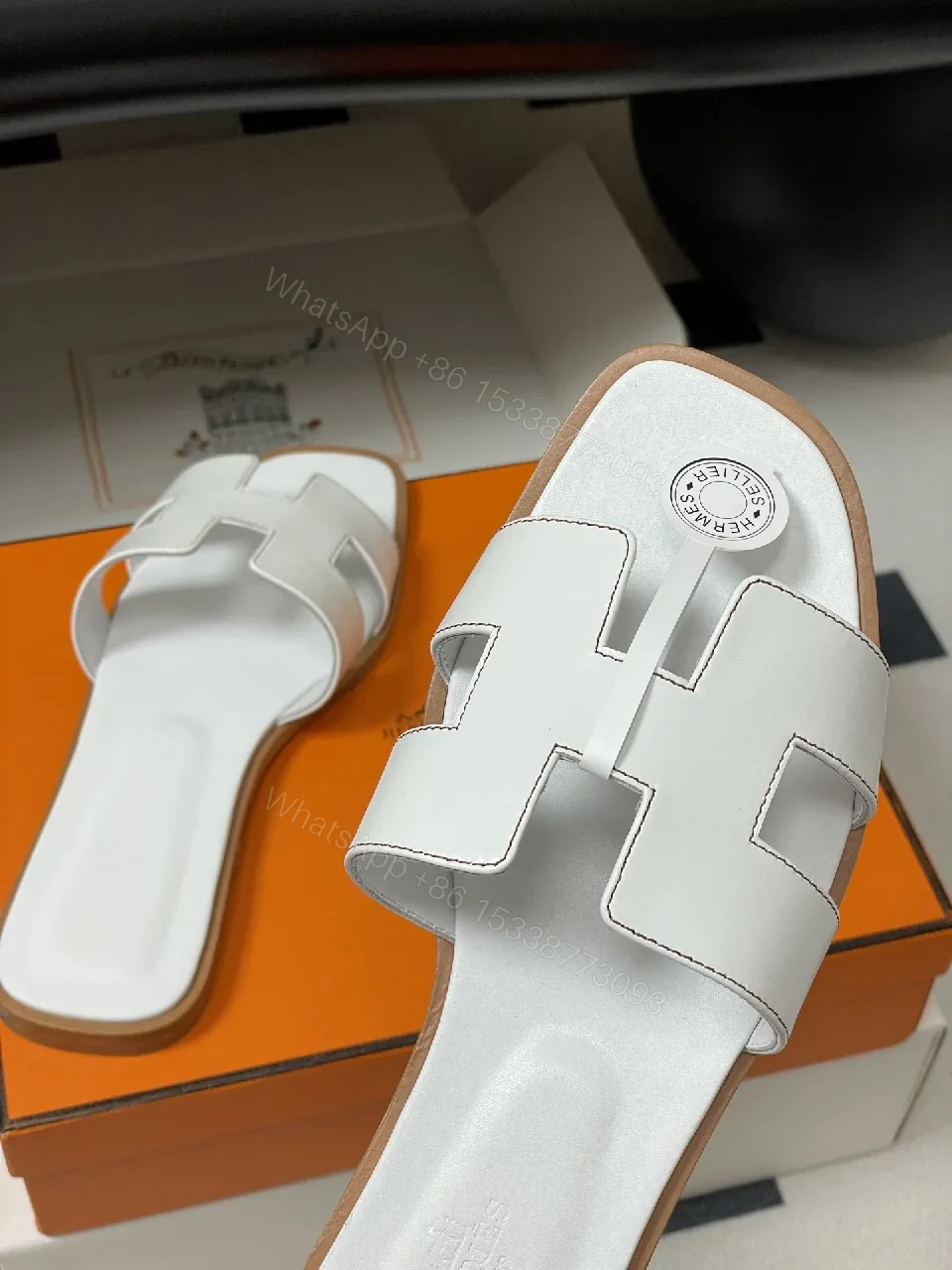 View 9 of White Leather Sandals, H-Cutout, Open-Toe, Comfortable Footbed