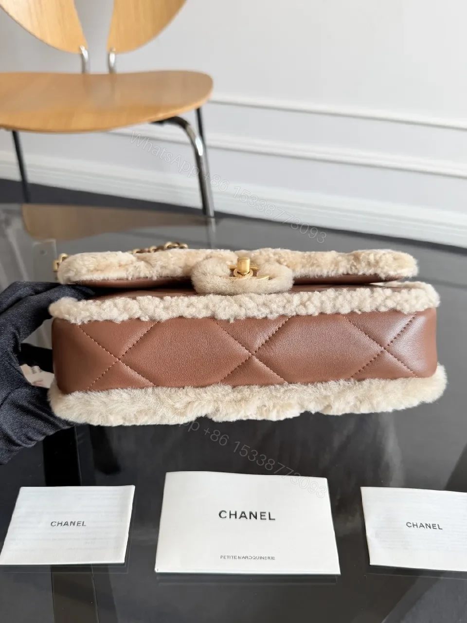View 6 of Ivory Shearling Quilted Bag: Luxe Chain-Detail