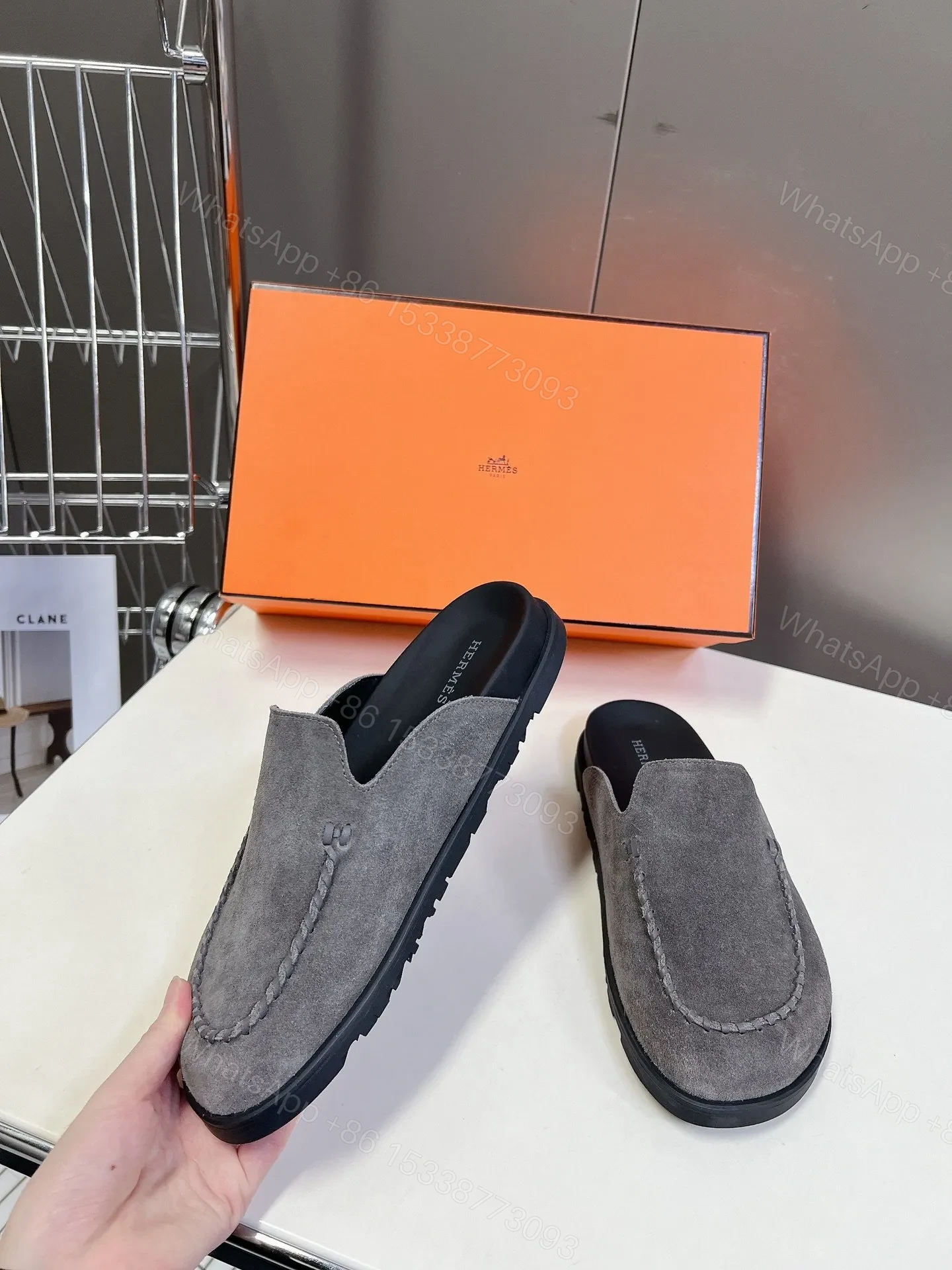 View 3 of Hermes Women Gray Suede Slip-On Loafers