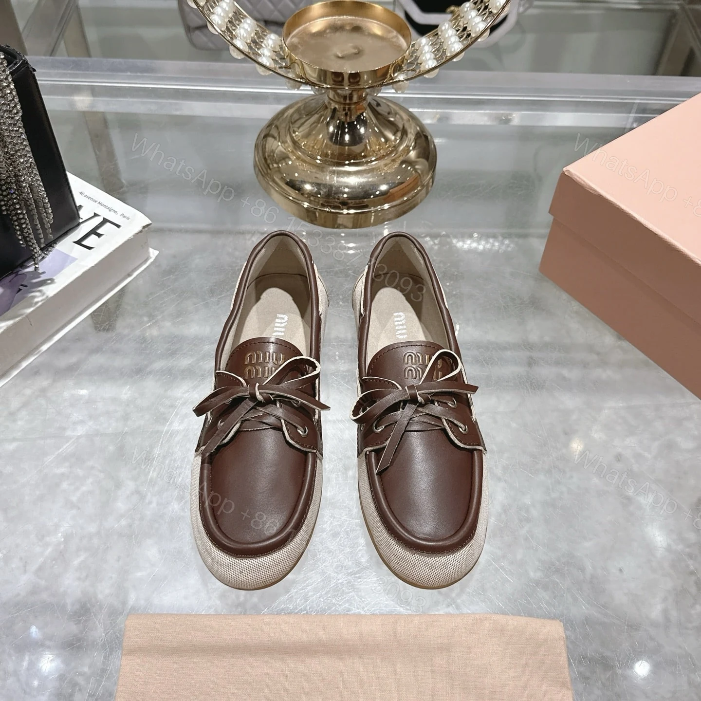 View 3 of MIUMIU CANVAS AND BLEACHED LEATHER BOAT SHOES BEIGE