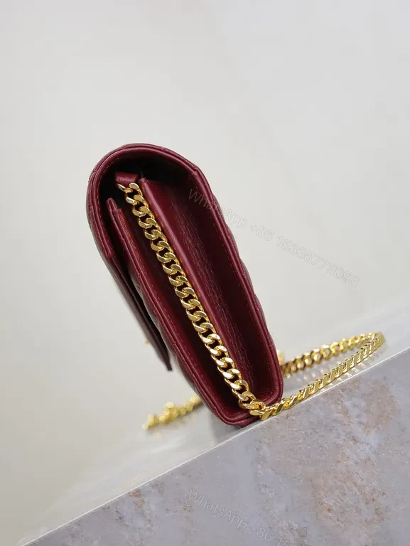 View 6 of Burgundy Quilted Envelope Crossbody Bag with Gold YSL Logo