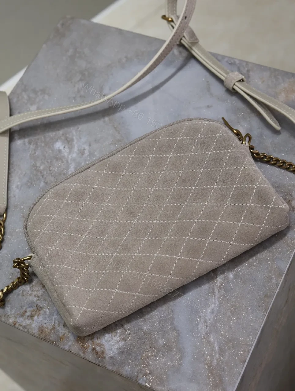 View 5 of Taupe Faux-Suede Quilted Crossbody, Elegant, Compact, Zippered Bag