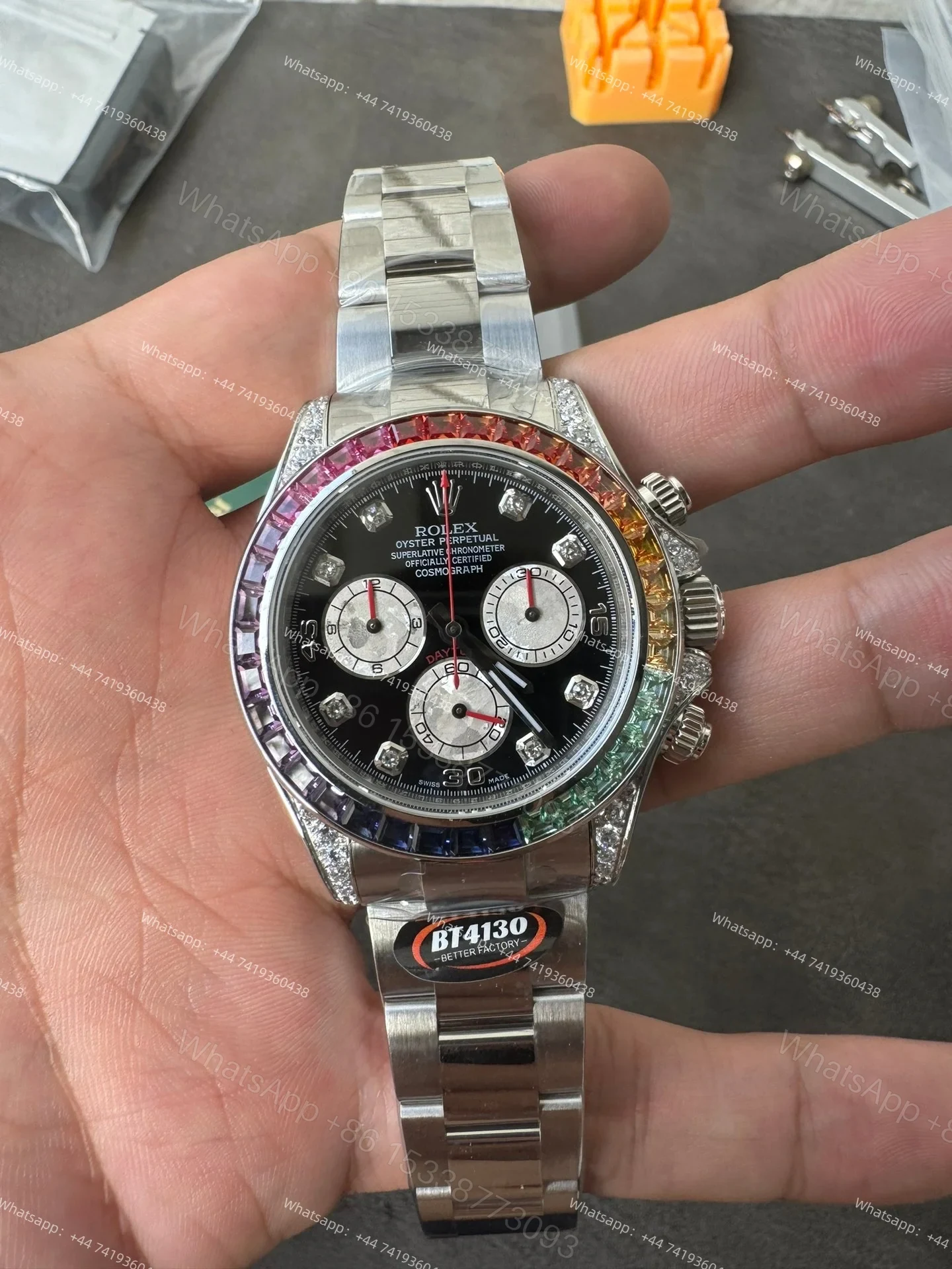 View 4 of Rolex Daytona 116599RBOW Rainbow Bezel 1:1 Replica – Black Diamond Dial Super Clone 4130