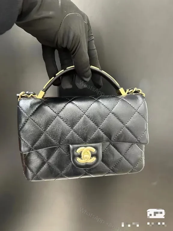 View 8 of Compact Diamond-Quilt Crossbody Bag: Black Leather, Gold Hardware