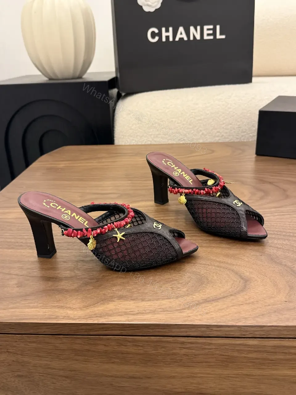 View 7 of Red Velvet Mesh Satin Heels Classic Chanel - Pearl Bead Strap Sandals