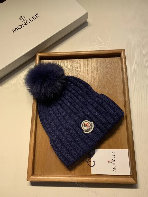 View 6 of Navy Rib Knit Beanie with Plush Pomâ€”Moncler Luxe Gift Box