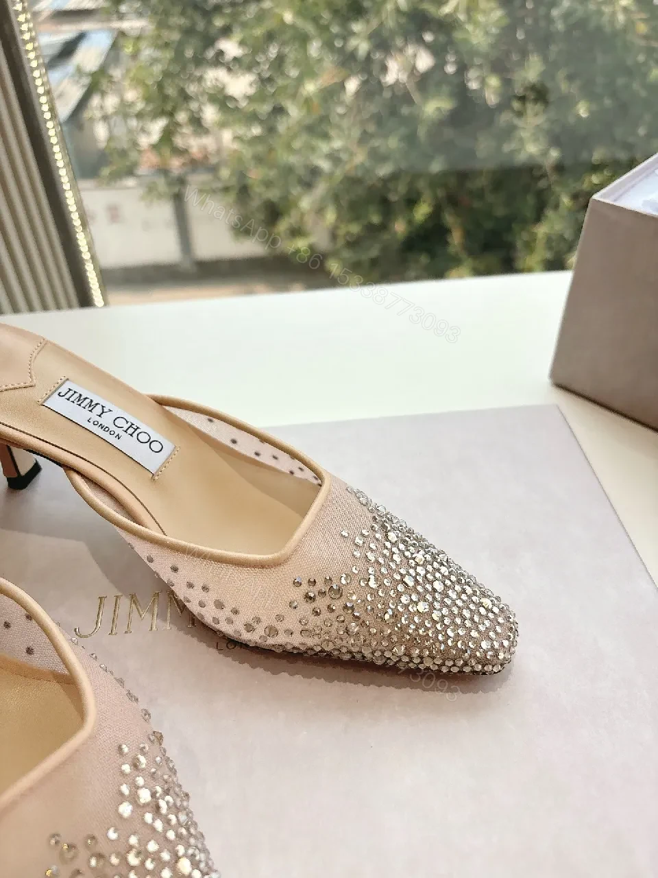 View 6 of Beige Beaded Pointed-Toe Mules — Luxe Crystal Shine