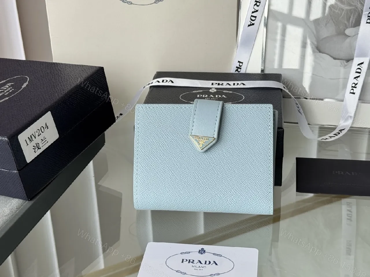 Blue Saffiano-Like Bifold Wallet with Triangle Closure, Minimal Luxury — view 1