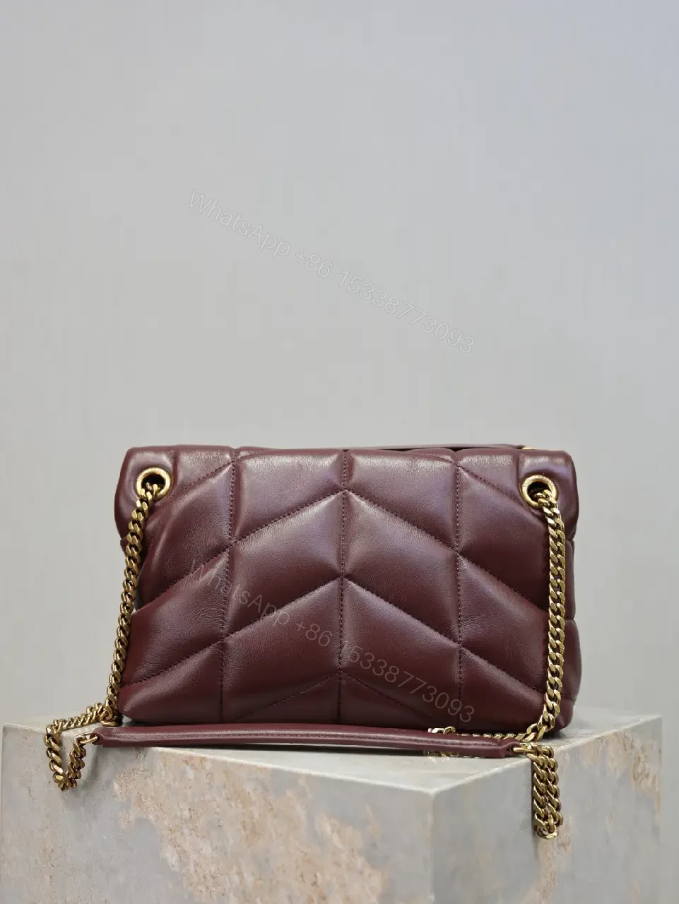 View 4 of Quilted Burgundy Crossbody: Gold-Hardware, Sleek Style