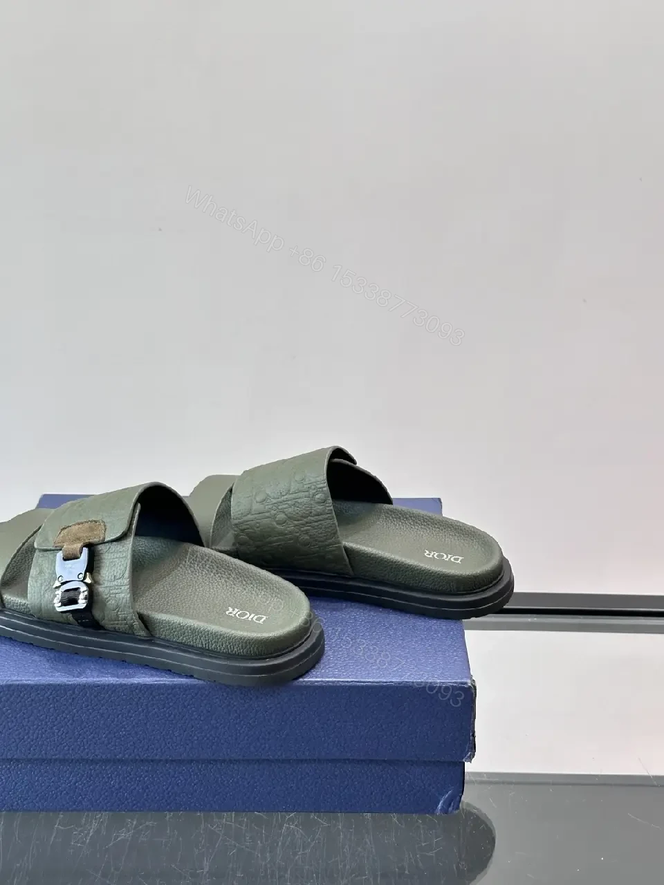 View 8 of Olive Green Embossed Leather Sliders Sandals