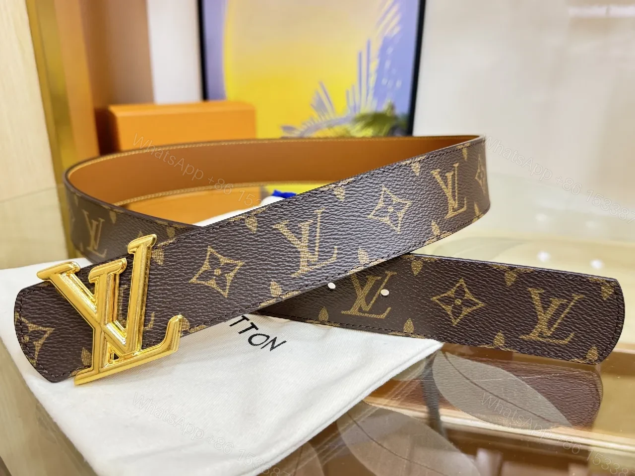 View 2 of Chic Monogram Belt with Gold Buckle - Premium Couture-Style Accessory