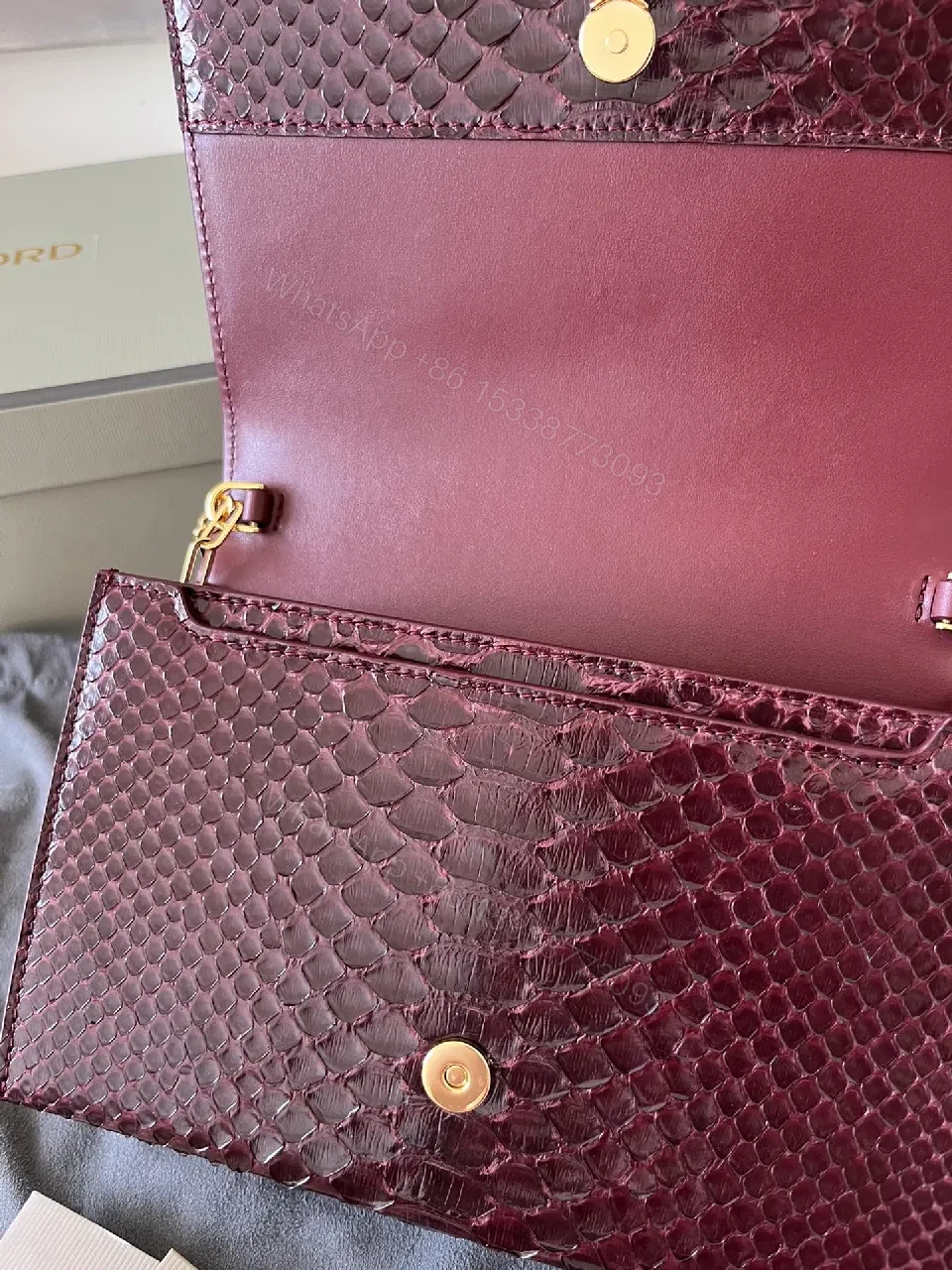 View 4 of Burgundy Python Textured Clutch with TF Gold Hardware