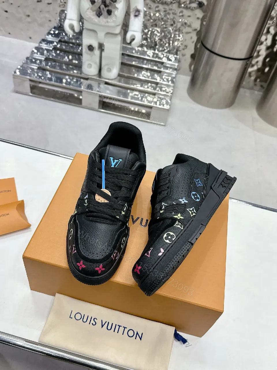 Multicolor LV-Embellished Black Leather High-Tops Sneakers — view 1