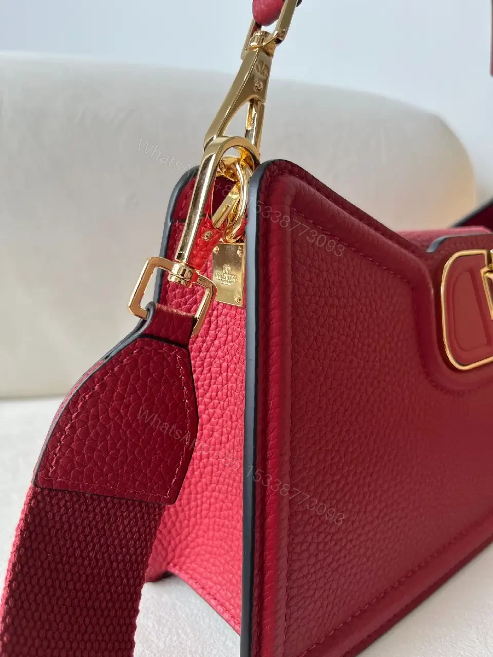 View 3 of Vibrant Red Pebbled Leather Box Bag with Gold Hardware