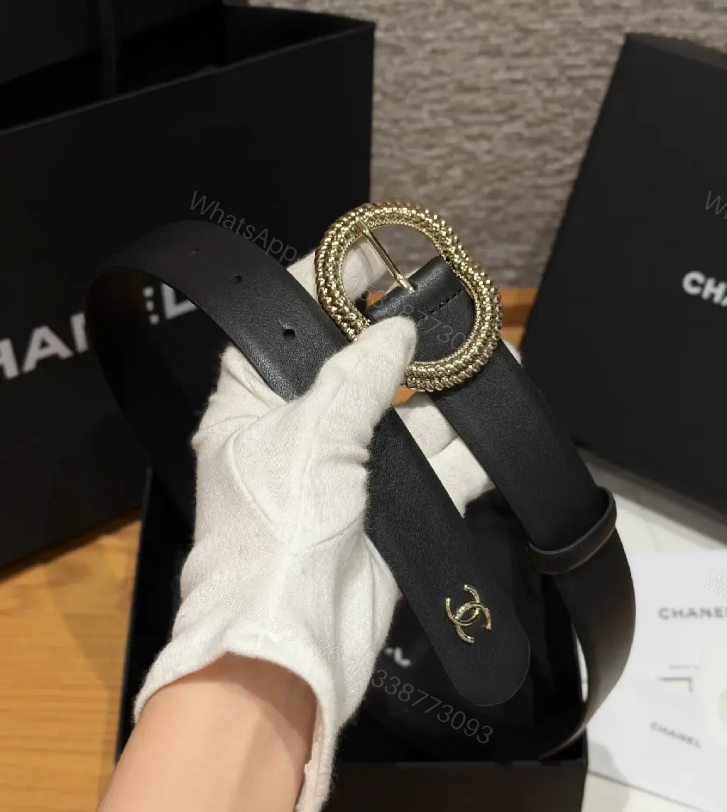 View 9 of Black Leather Belt Luxury Crystals Oval Buckle with Chanel Logo