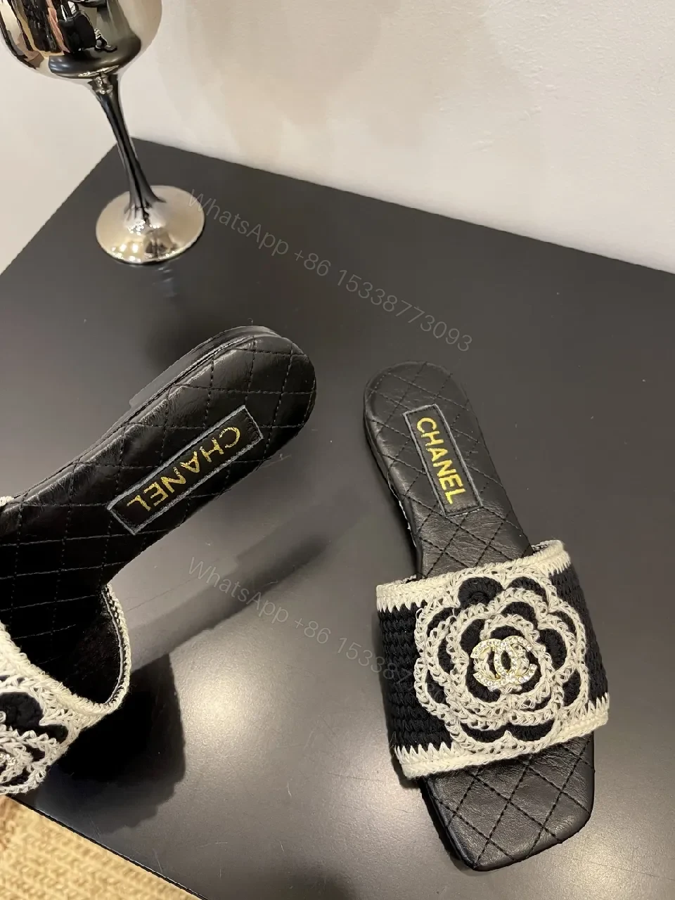 View 6 of Black Quilted Slide with Crochet Camellia Detail - Open-Toe Comfort