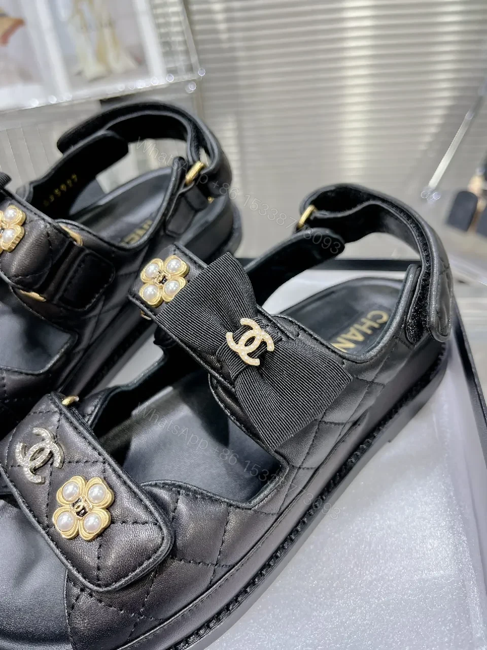 View 7 of Quilted Black Sandal: Pearl-Embellished Chic Comfort Sandal
