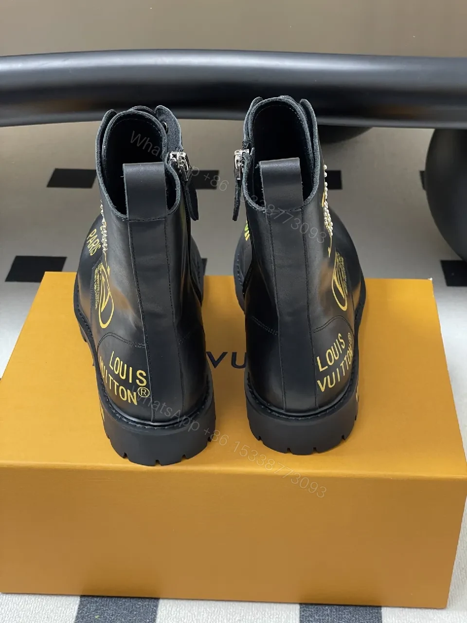 View 5 of Bold Black Combat Boots with Gold Detailing: All-Day Comfort