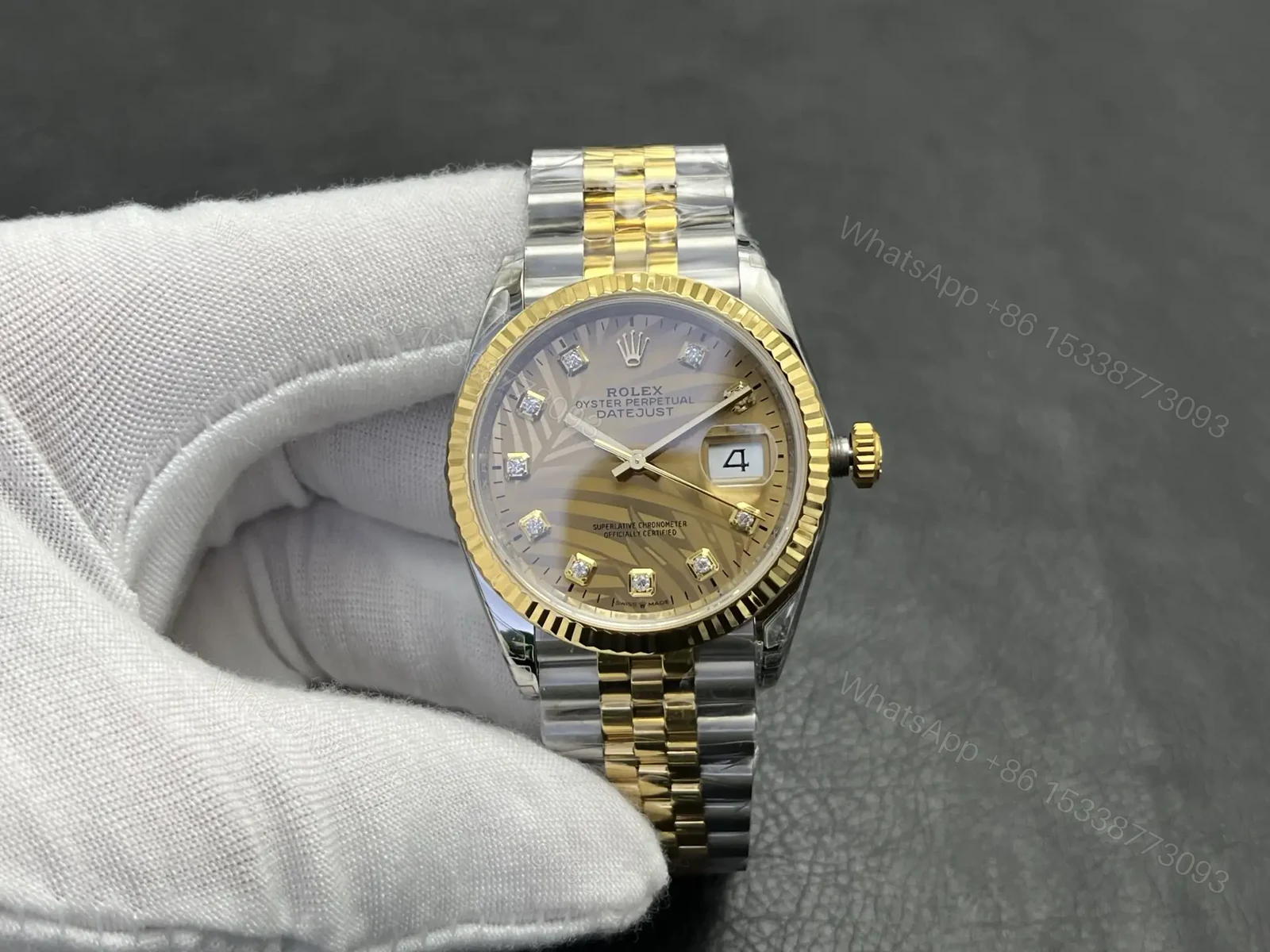 Rolex Datejust 36 Stainless Steel Yellow Gold Fluted Champagne Palm Diamond Jubilee 126233-0043 — view 1