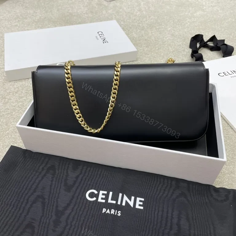 View 9 of Chic Black Leather Shoulder Bag â€“ Gold Logo Clasp, CELINE