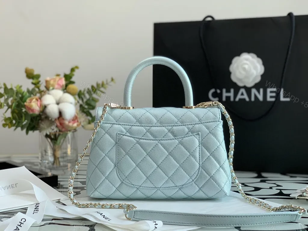 View 3 of Pastel Blue Quilted Bag with Gold CC Accents - Luxe Compact Purse