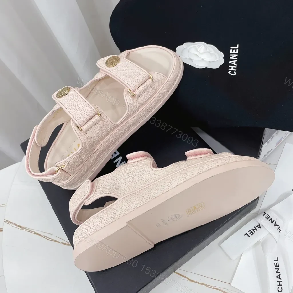 View 6 of Soft Pink Textured Sandals with Gold Button Accents