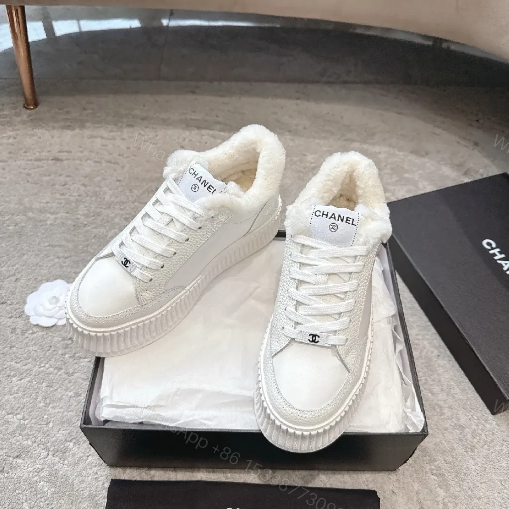 View 6 of White Leather Platform Sneakers with Plush Shearling