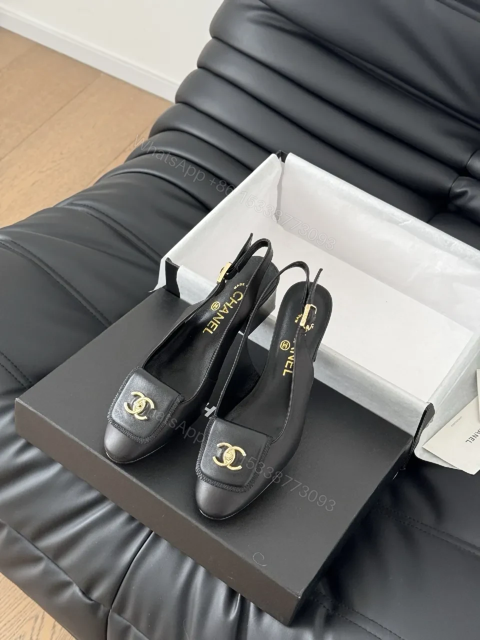 View 3 of Black Leather Slingbacks with Gold Hardware, Luxury-Style Heels