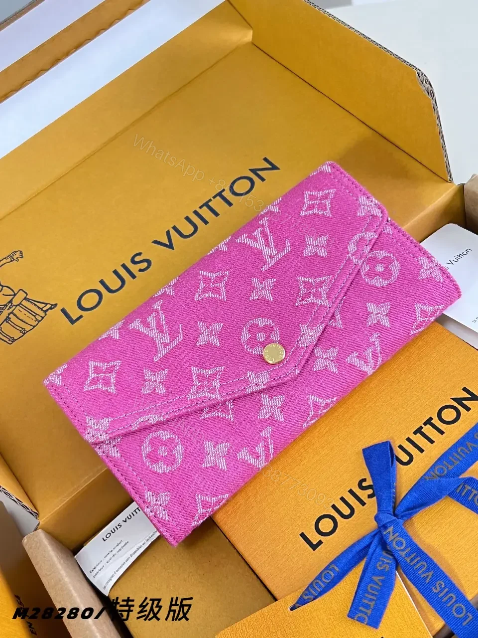 View 7 of Vibrant Pink LV Monogram Embossed Flap Wallet Clutch