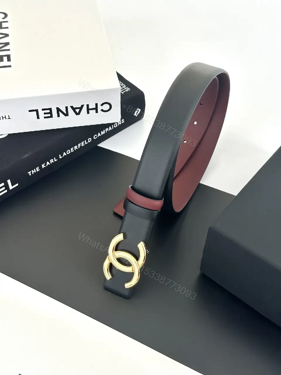 View 8 of Two-Tone Black/Burgundy Leather Belt with Gold Logo Buckle