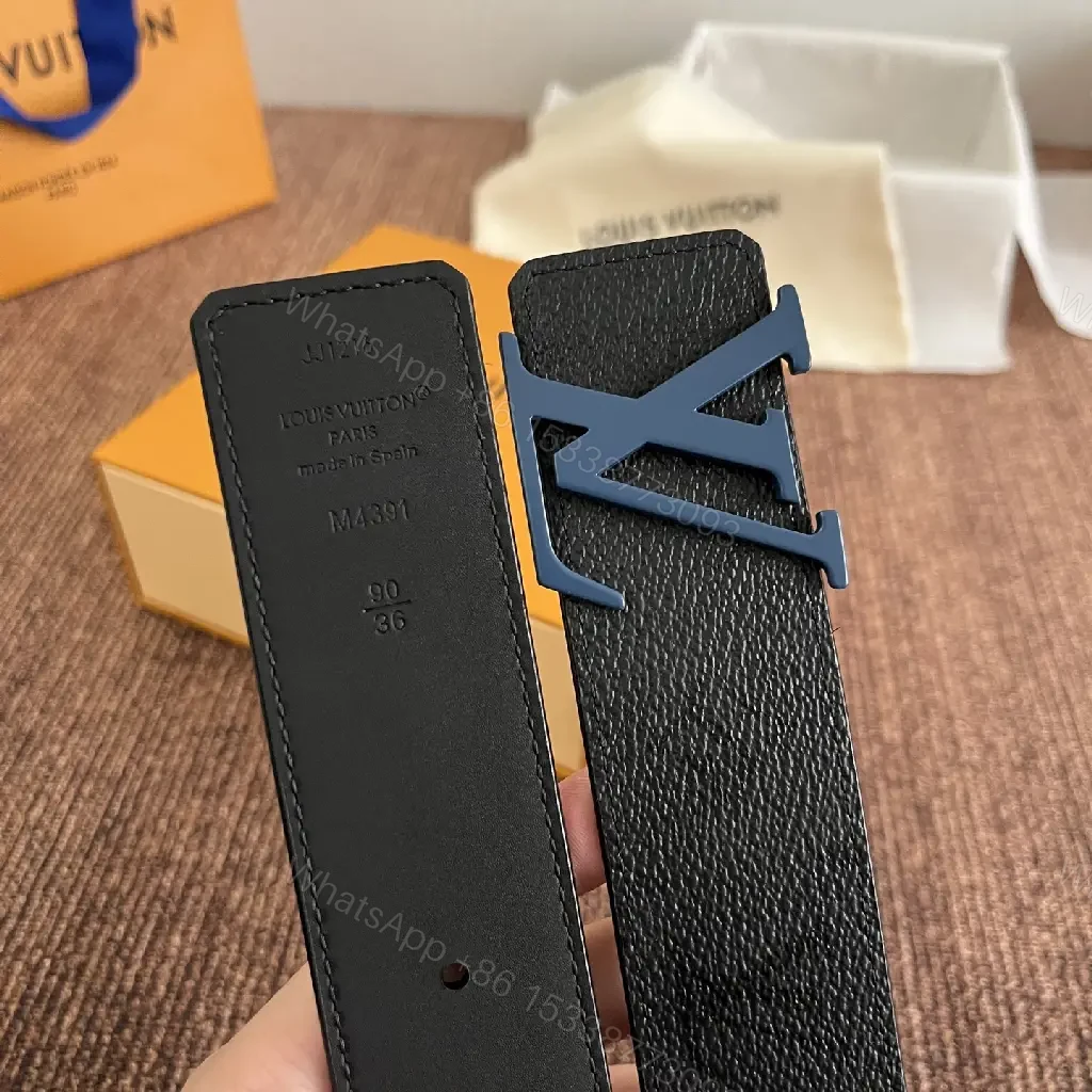 View 2 of Black Belt with Blue LV Logo Buckle, Pebbled Leather, Classic Style